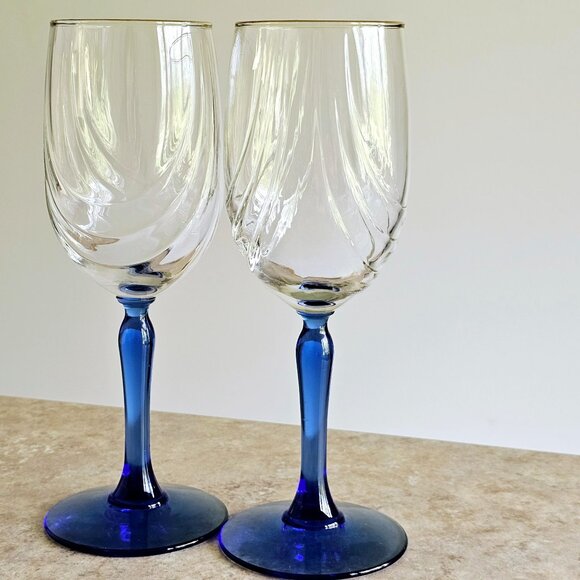 Libbey Crystal Blue Water Wine Glasses 8" Cobalt swag optic vintage gold trim - Picture 2 of 10